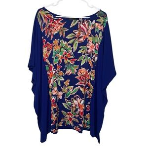 Bob Mackie Wearable Art Blue Floral Print Wide Sleeve Blouse Top Size 3X